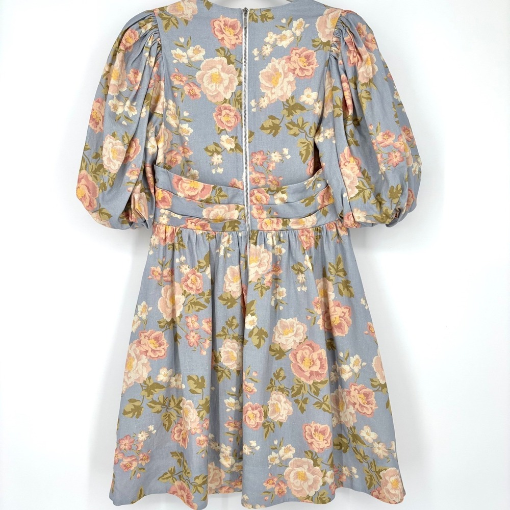 Yumi Kim Gayle Dress Sz XS Blue Pink Linen Blend Floral Puff Sleeve V Neck Midi - Picture 6 of 16